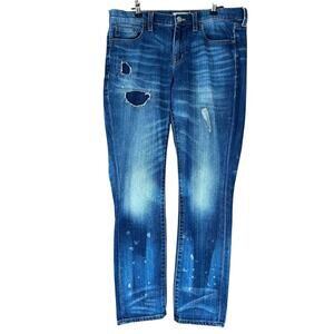 Madewell Slim Boyfriend Jeans Women Sz 28 Blue Whiskered Distressed Paint Splash